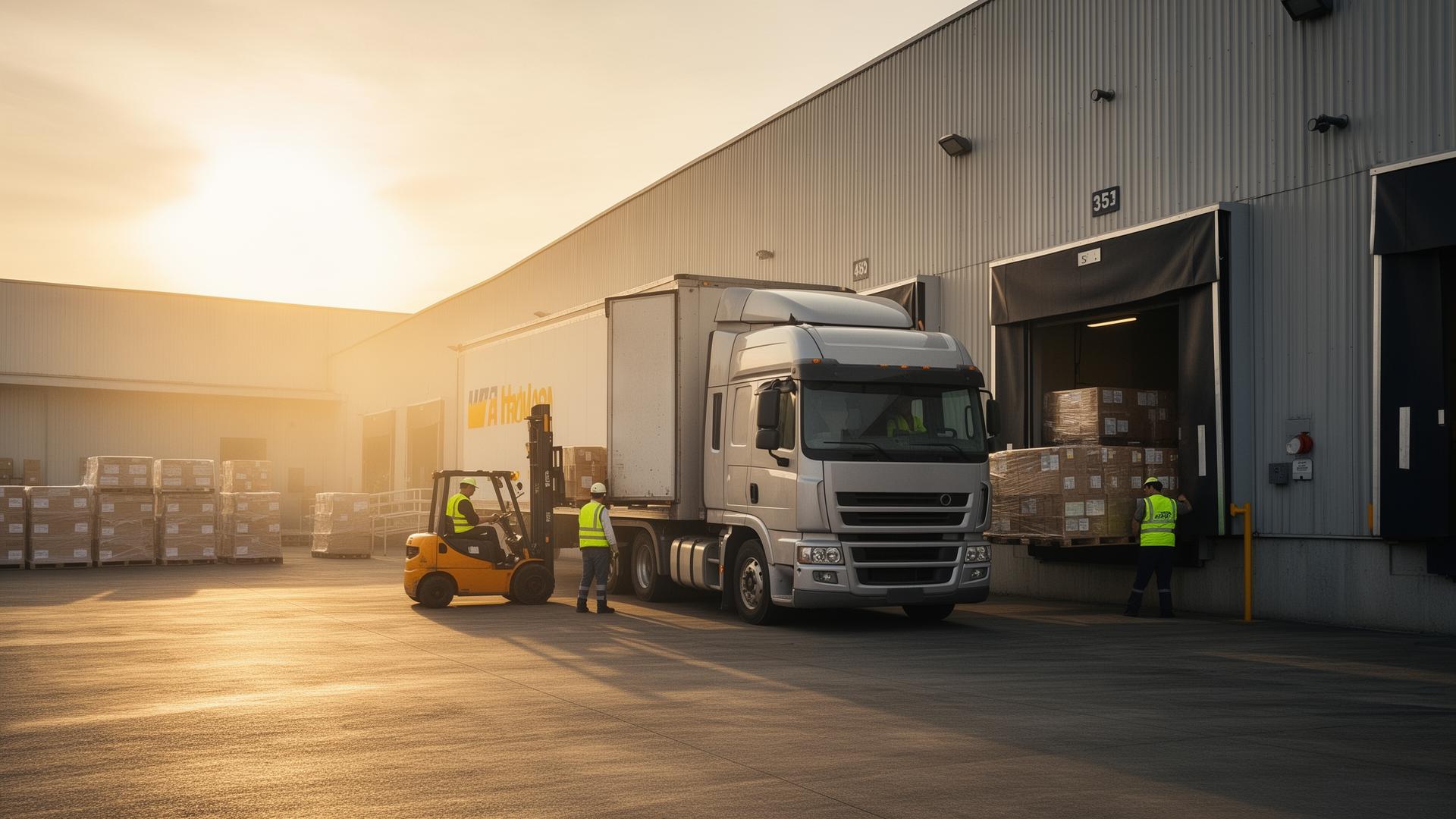 Semi-truck backed up to a warehouse loading dock being unloaded by a forklift at golden hour